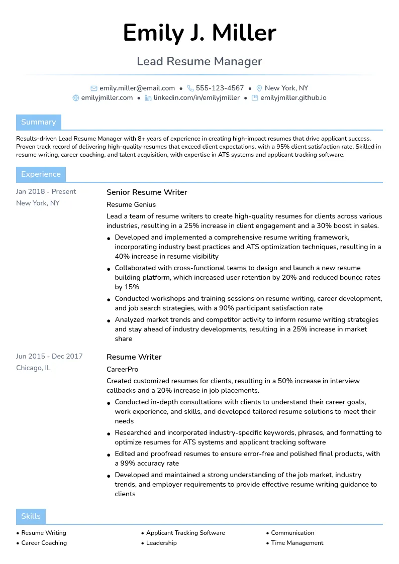 Lead Resume Manager resume example