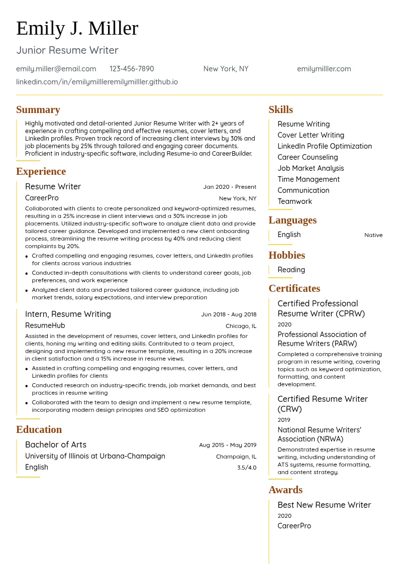 Junior Resume Writer resume example