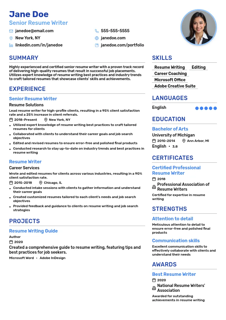 Senior Resume Writer resume example