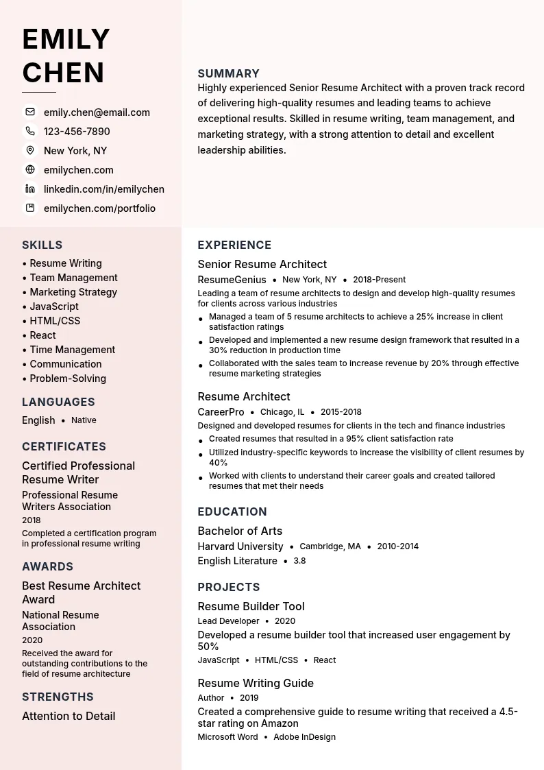 Senior Resume Architect resume example