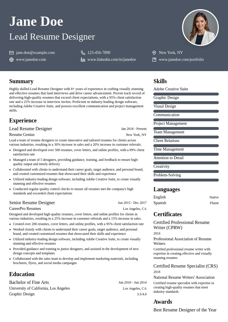 Lead Resume Designer resume example