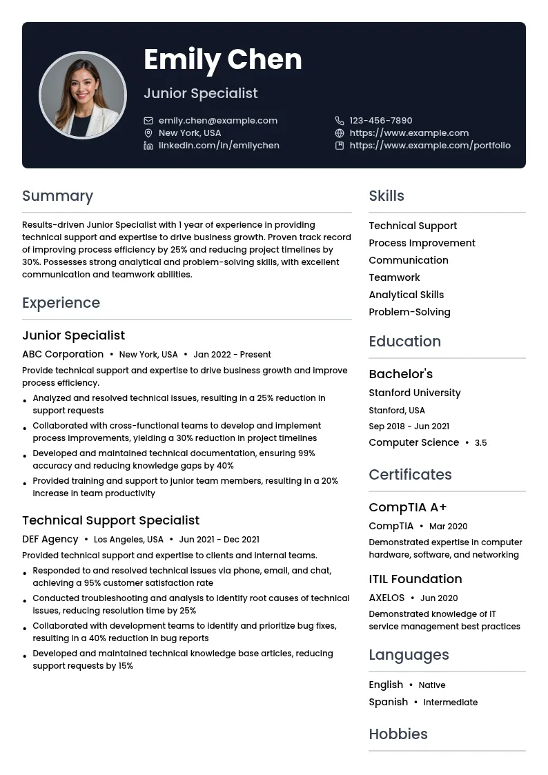 Junior Specialist resume example
