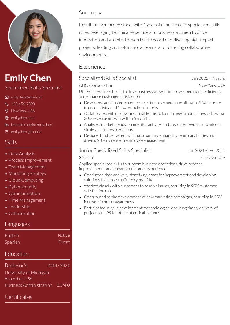 Specialized Skills Role resume example