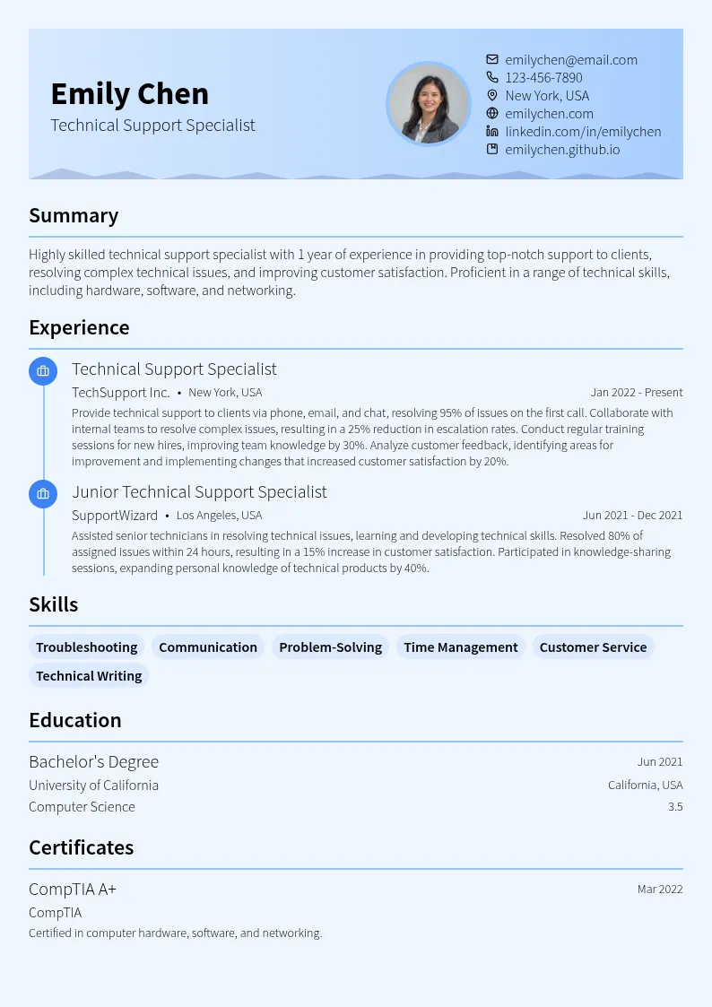 Technical Support Role resume example