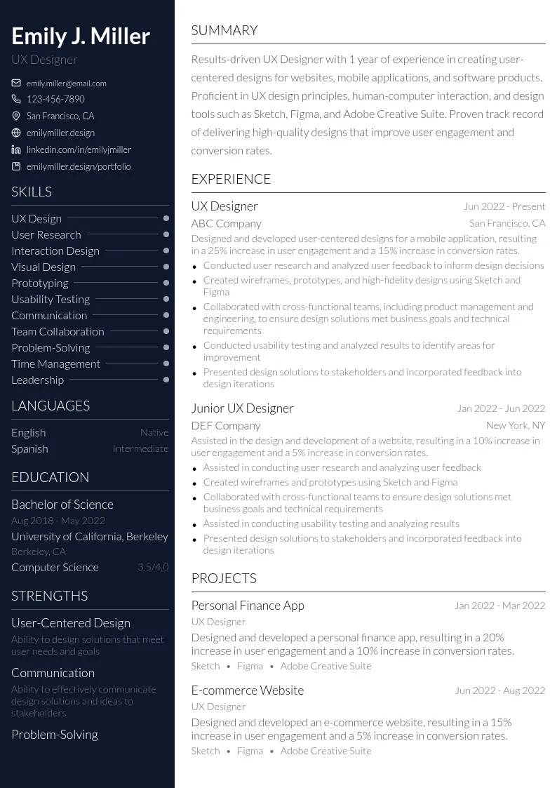 UX Designer Role resume example