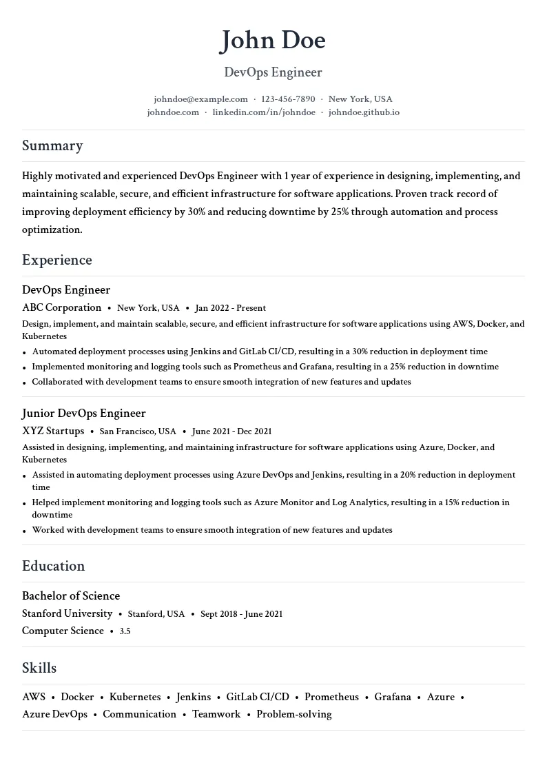 DevOps Engineer Role resume example