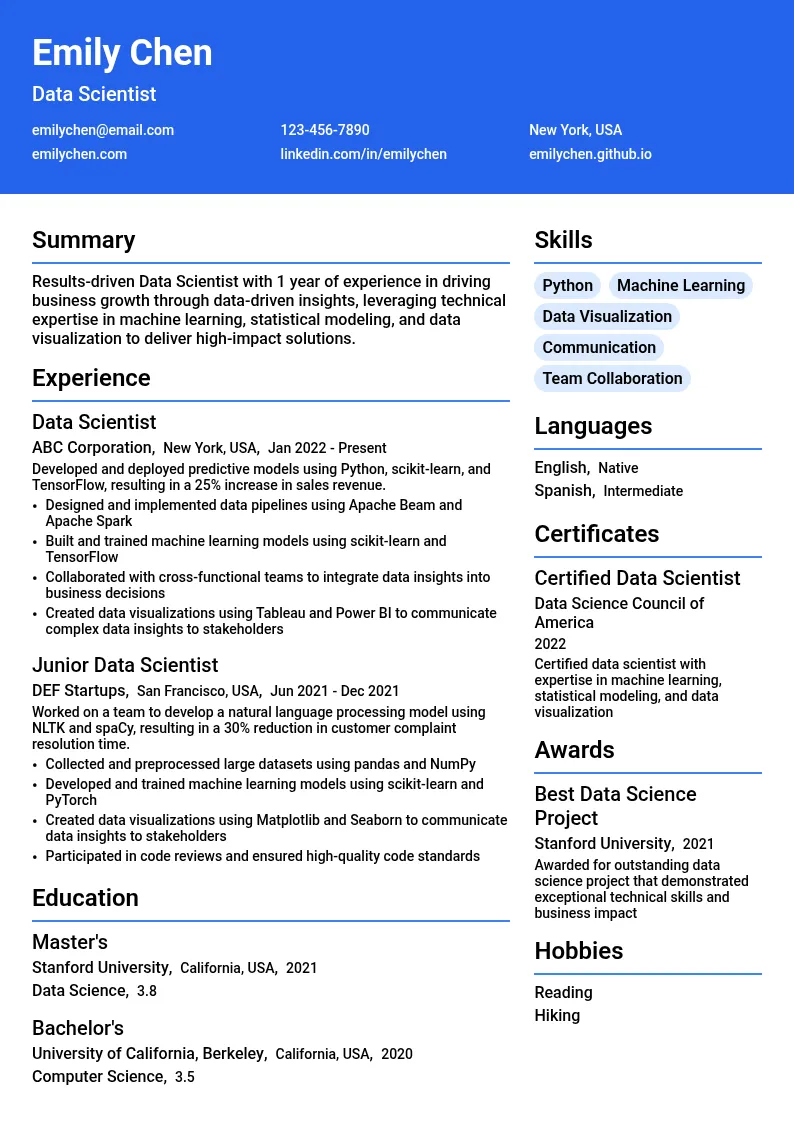 Data Scientist Role resume example