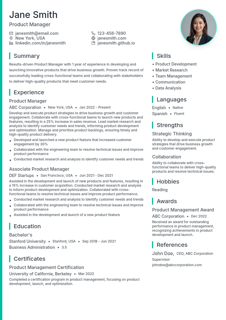 Product Manager Role resume example