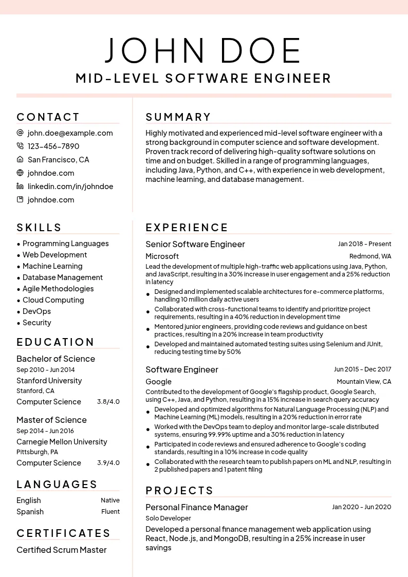 Mid-level Software Engineer resume example