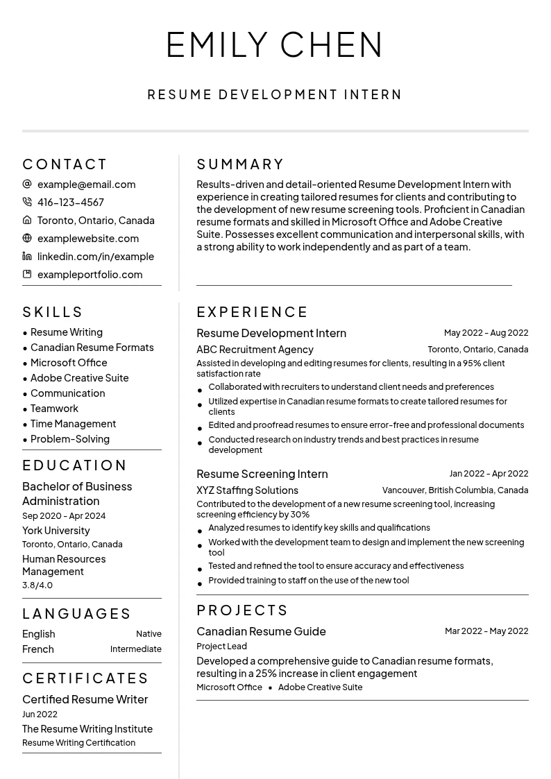 Resume Development Intern resume example