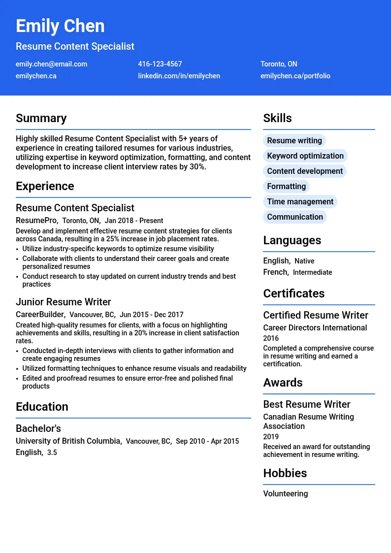 Resume Content Specialist resume example
