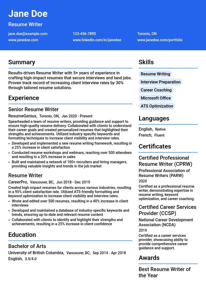 Resume Writer resume example