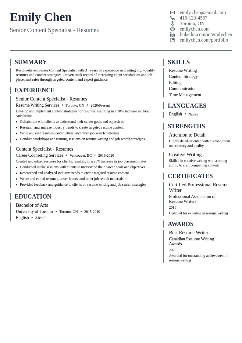 Senior Content Specialist - Resumes resume example