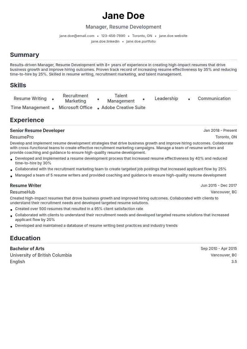 Manager, Resume Development resume example