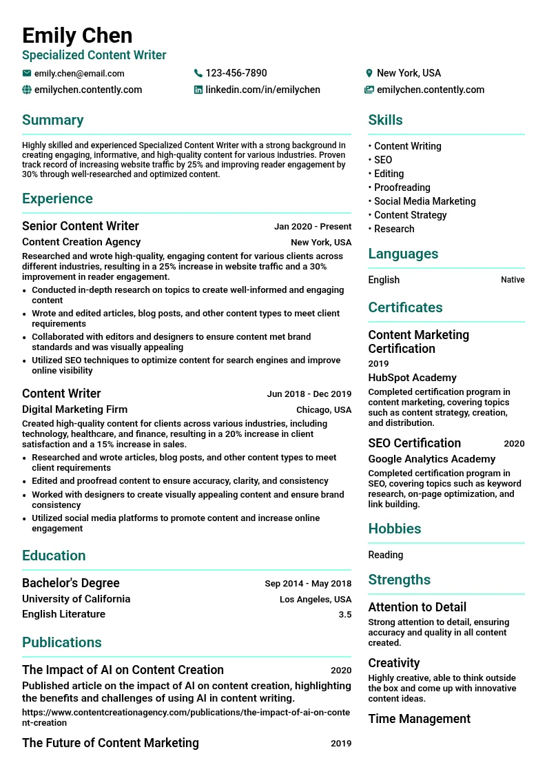 Specialized Content Writer resume example