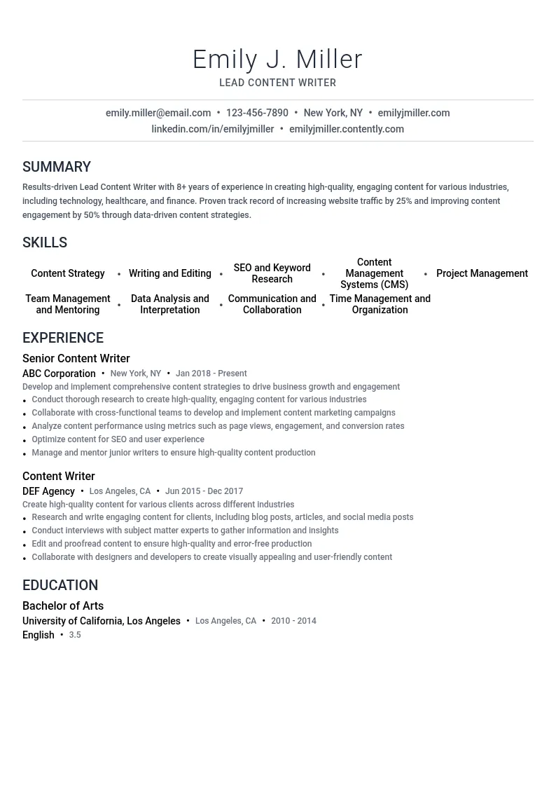 Lead Content Writer resume example