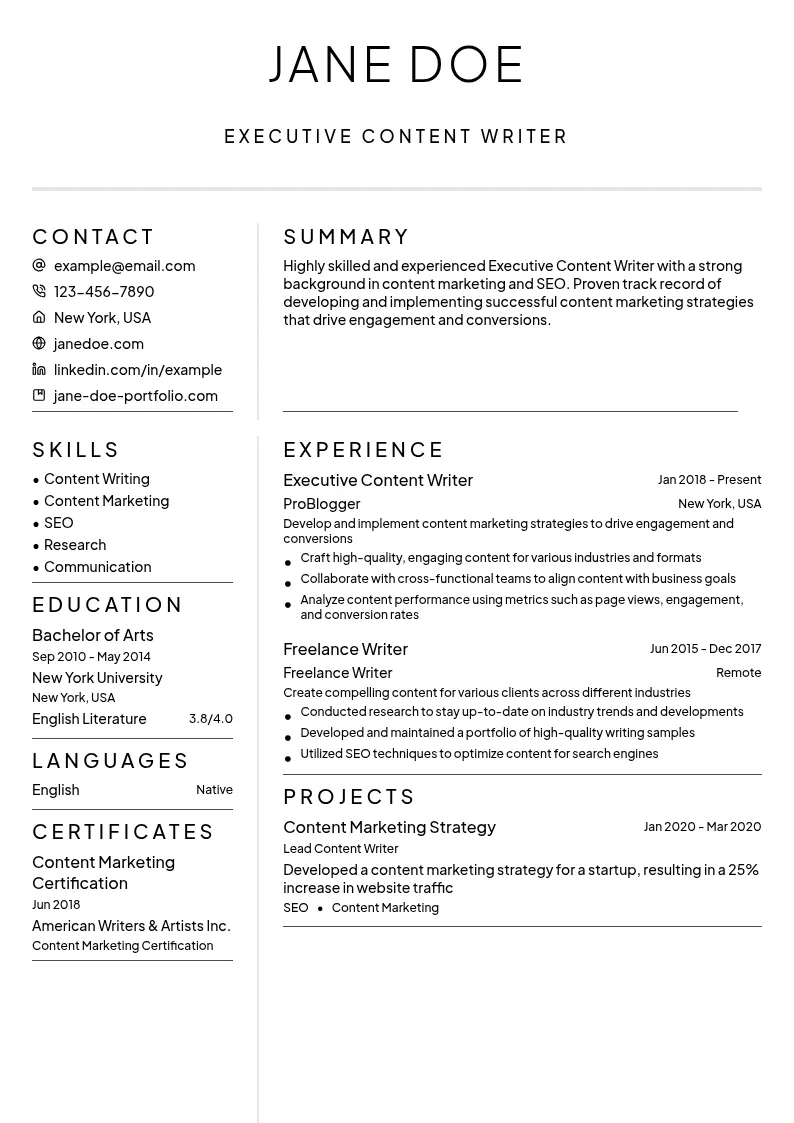 Executive Content Writer resume example