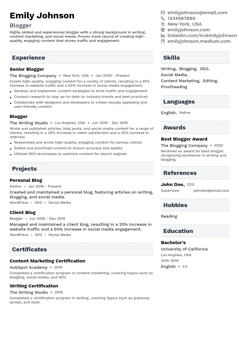 Blogger resume example