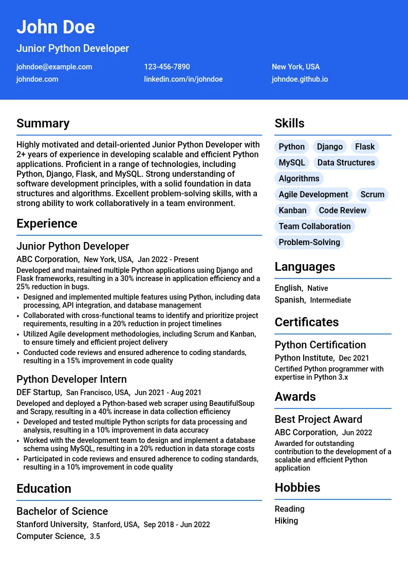 Junior Python Developer resume example