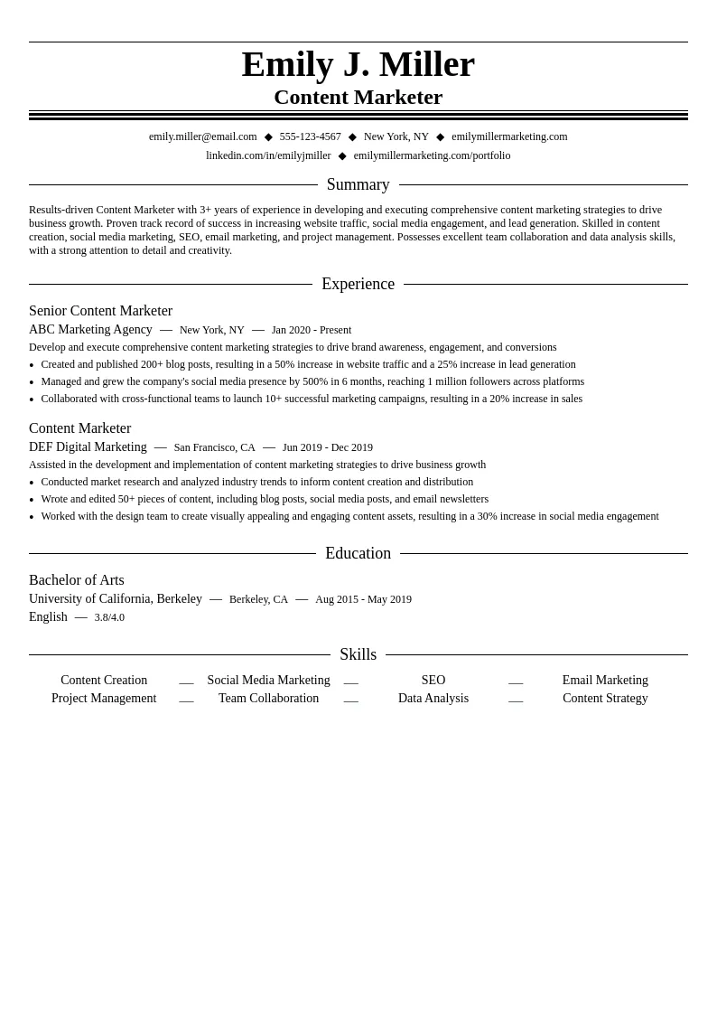 Content Marketer resume example