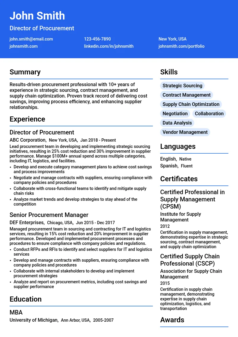 Director of Procurement resume example