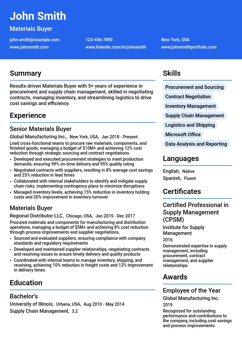 Materials Buyer resume example