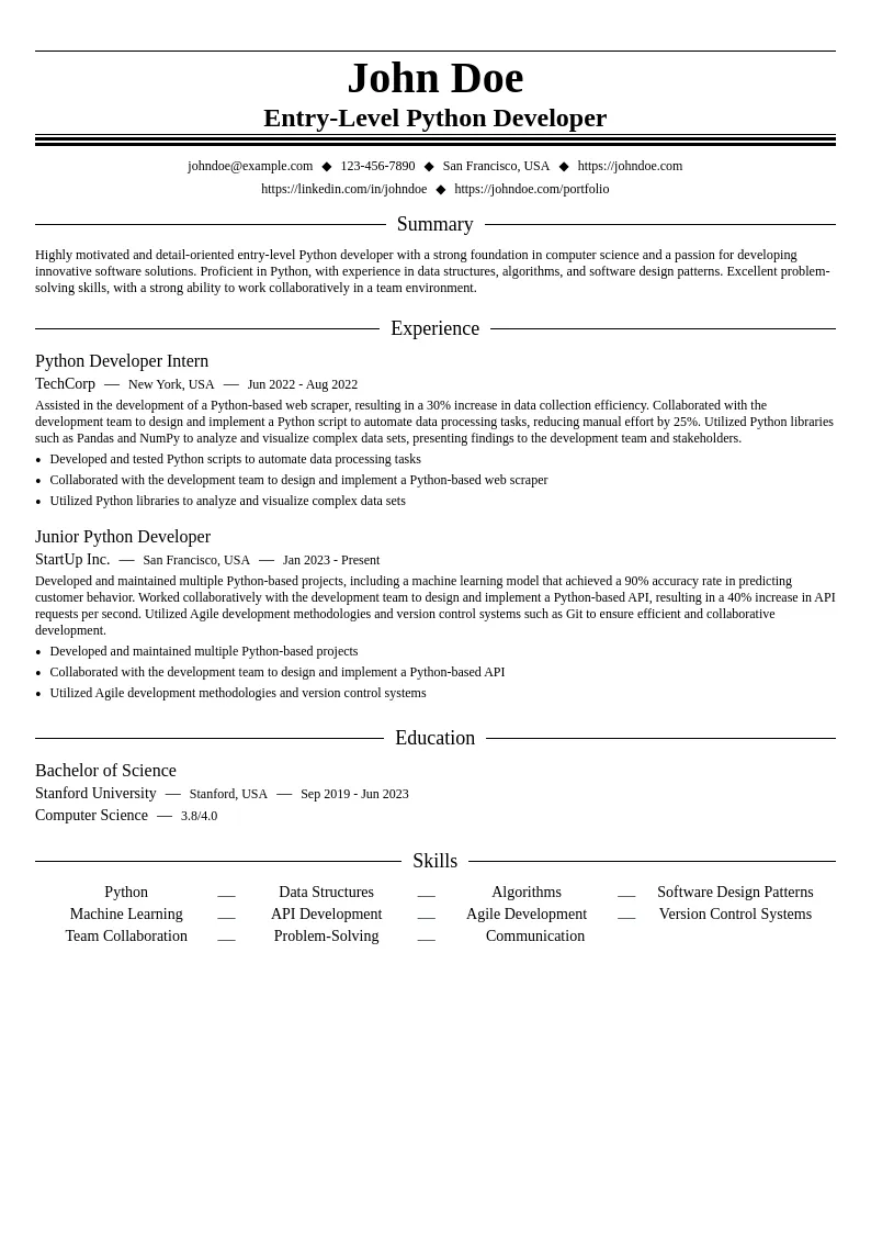 Entry-Level Python Developer resume example