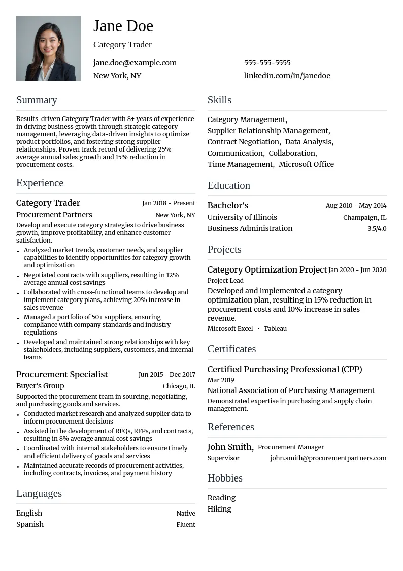 Category Trader resume example