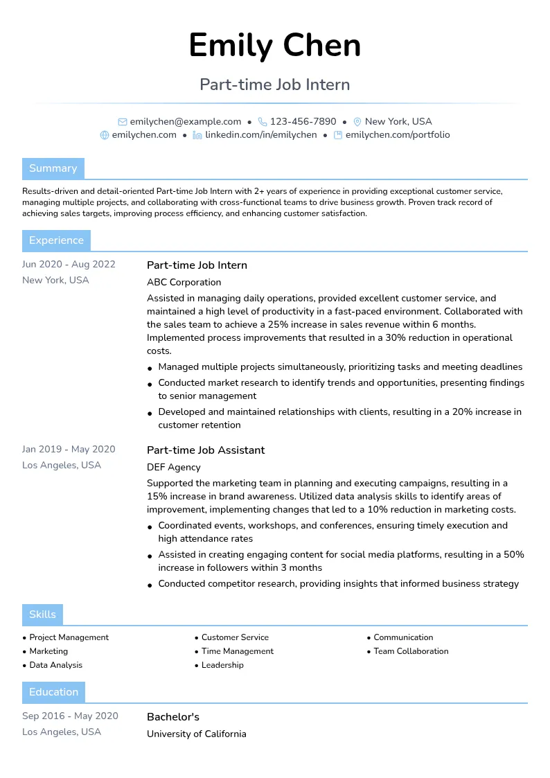 Part-time Job Intern resume example