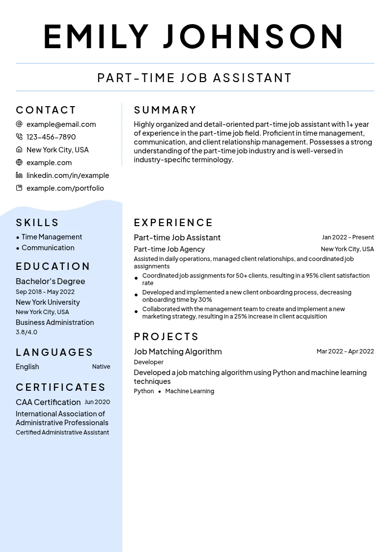 Part-time Job Assistant resume example