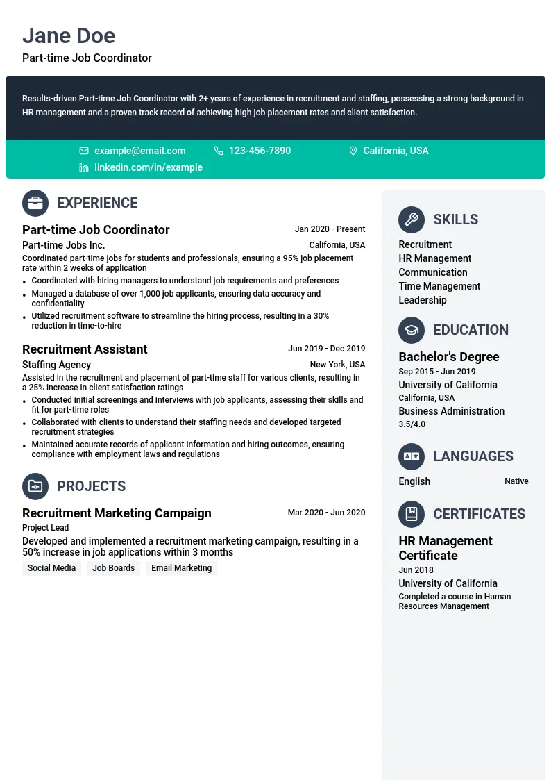 Part-time Job Coordinator resume example