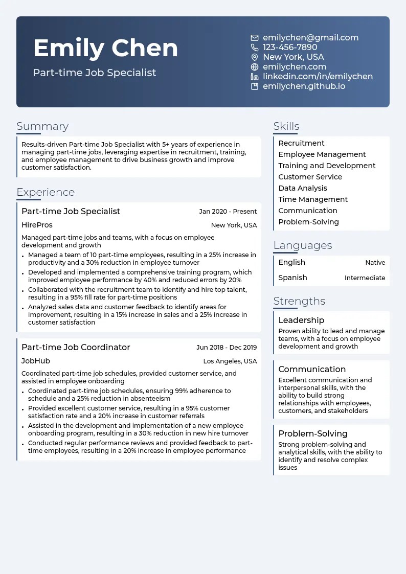 Part-time Job Specialist resume example