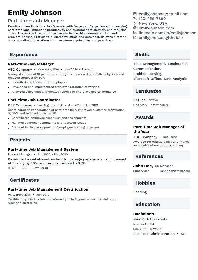 Part-time Job Manager resume example