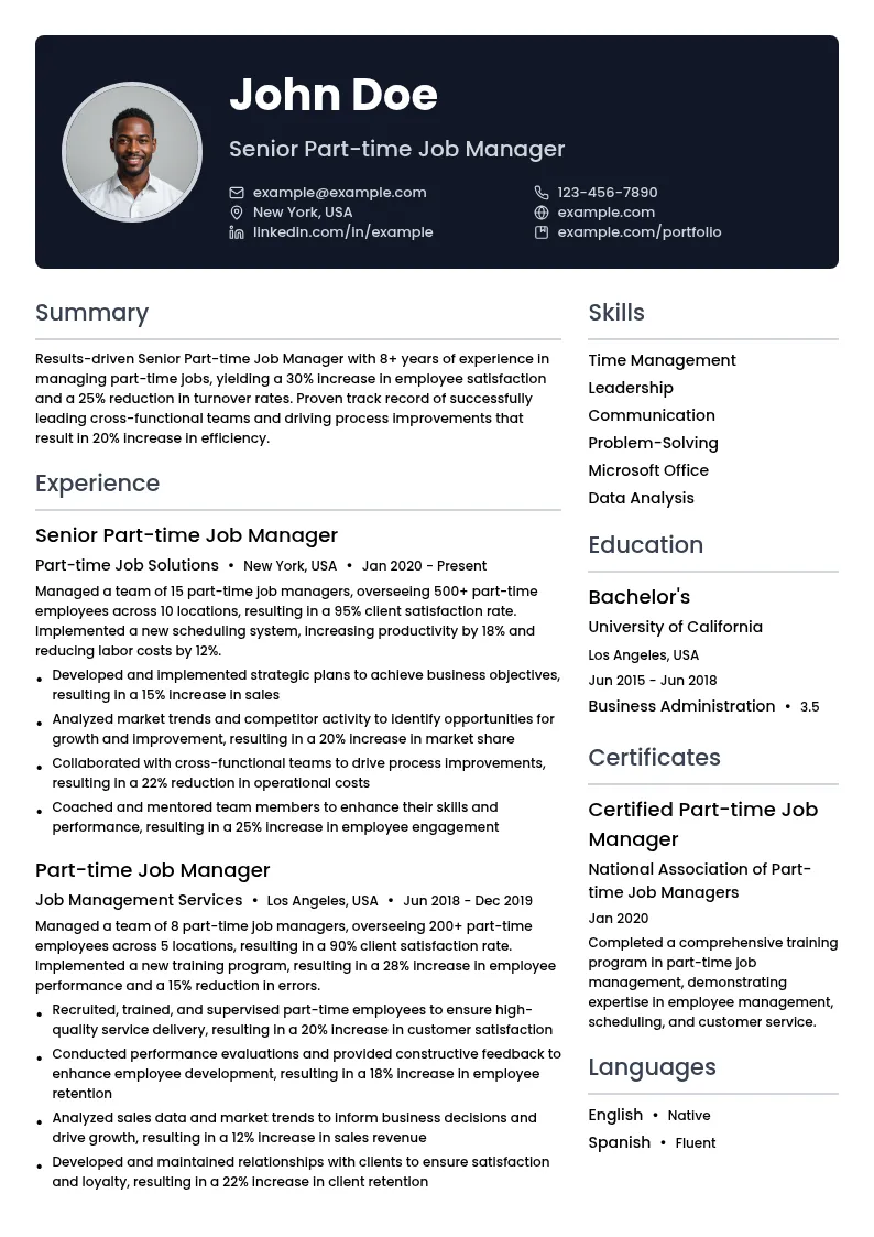 Senior Part-time Job Manager resume example