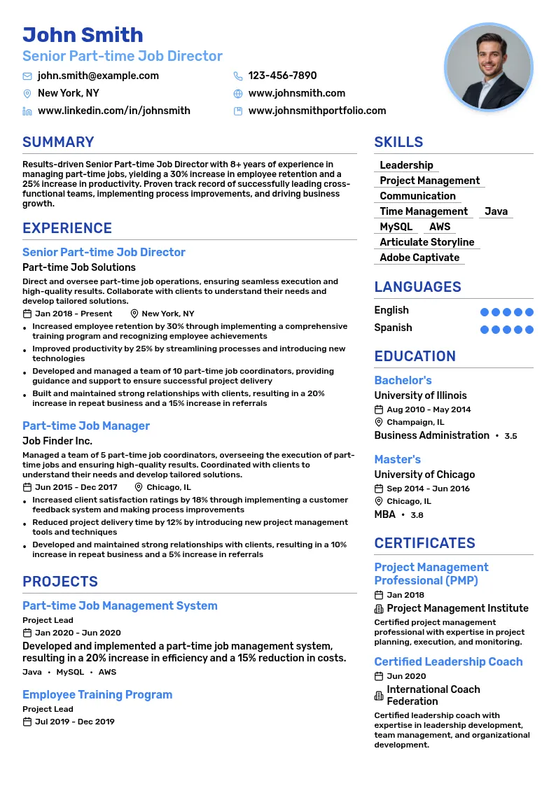 Senior Part-time Job Director resume example