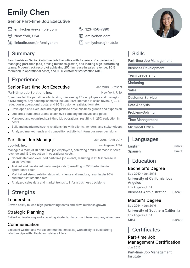Senior Part-time Job Executive resume example