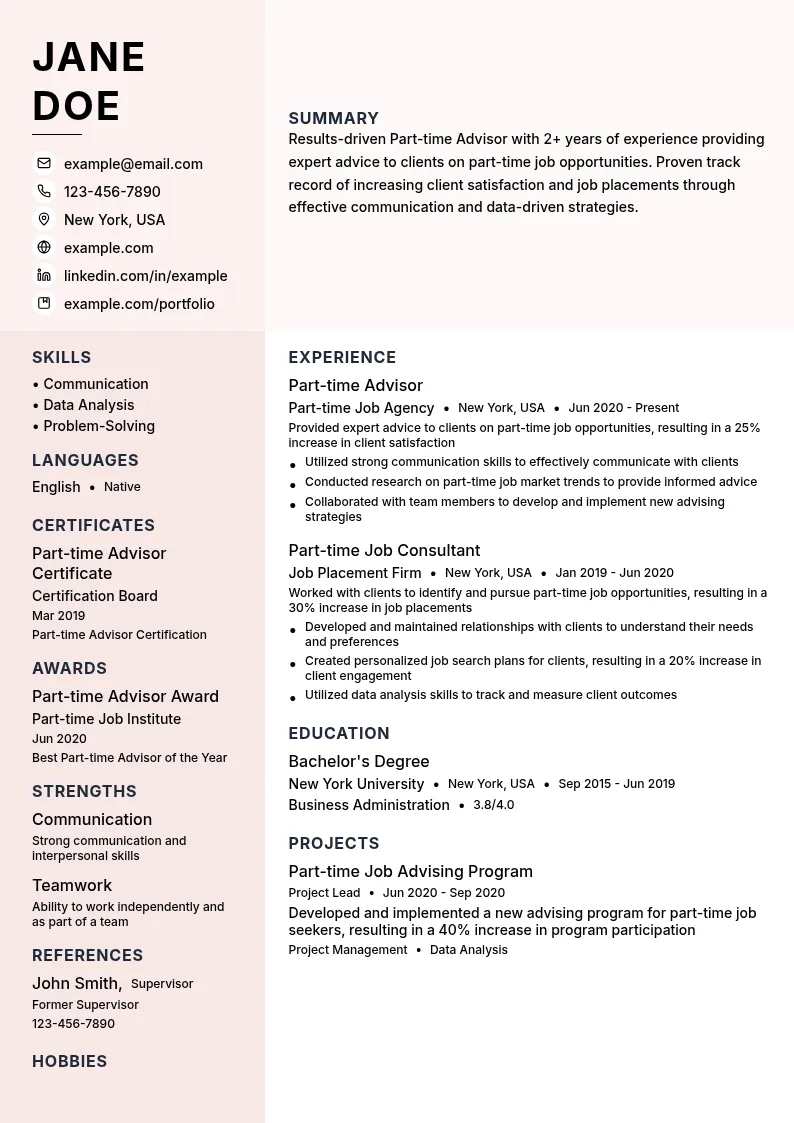 Part-time Advisor resume example