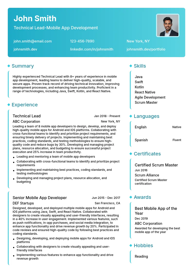 Technical Lead-Mobile App Development resume example
