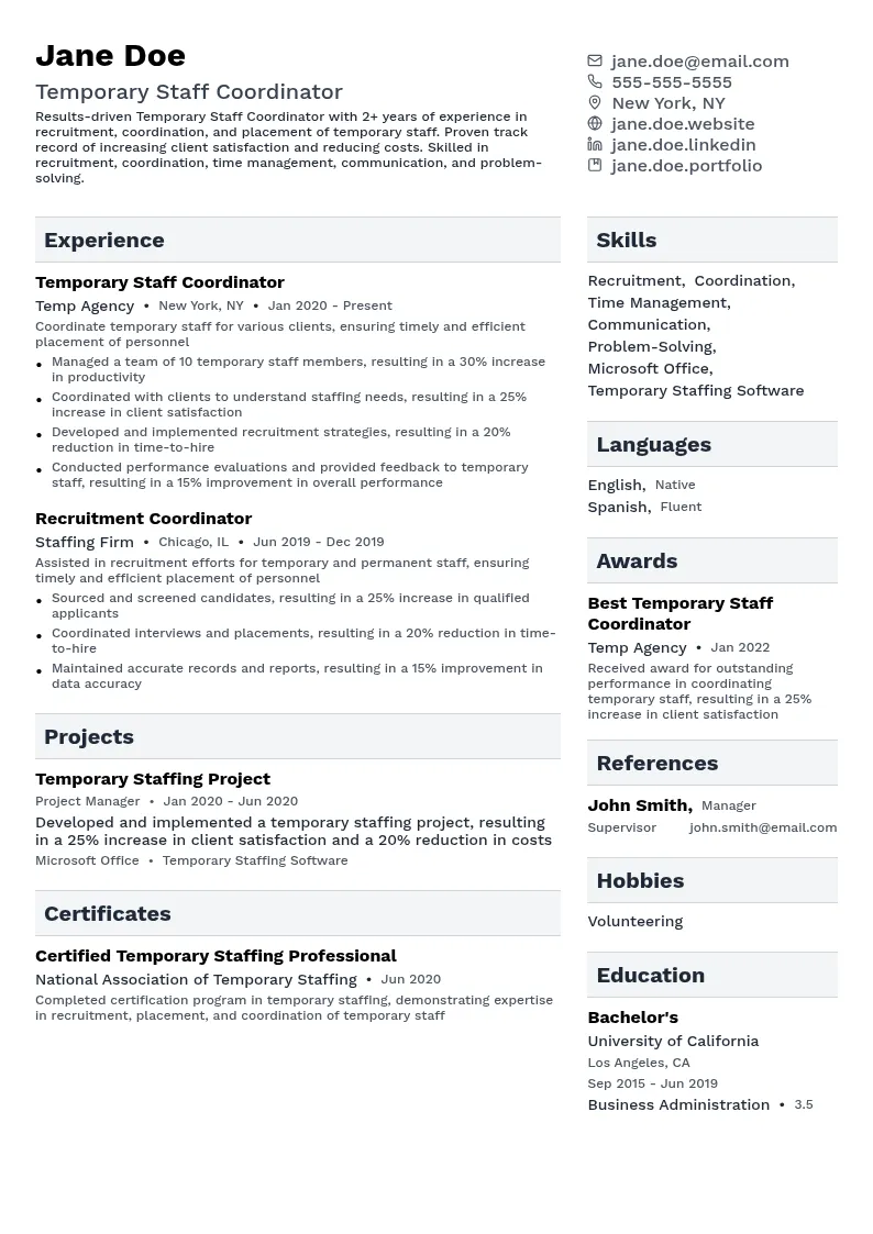 Temporary Staff Coordinator resume example