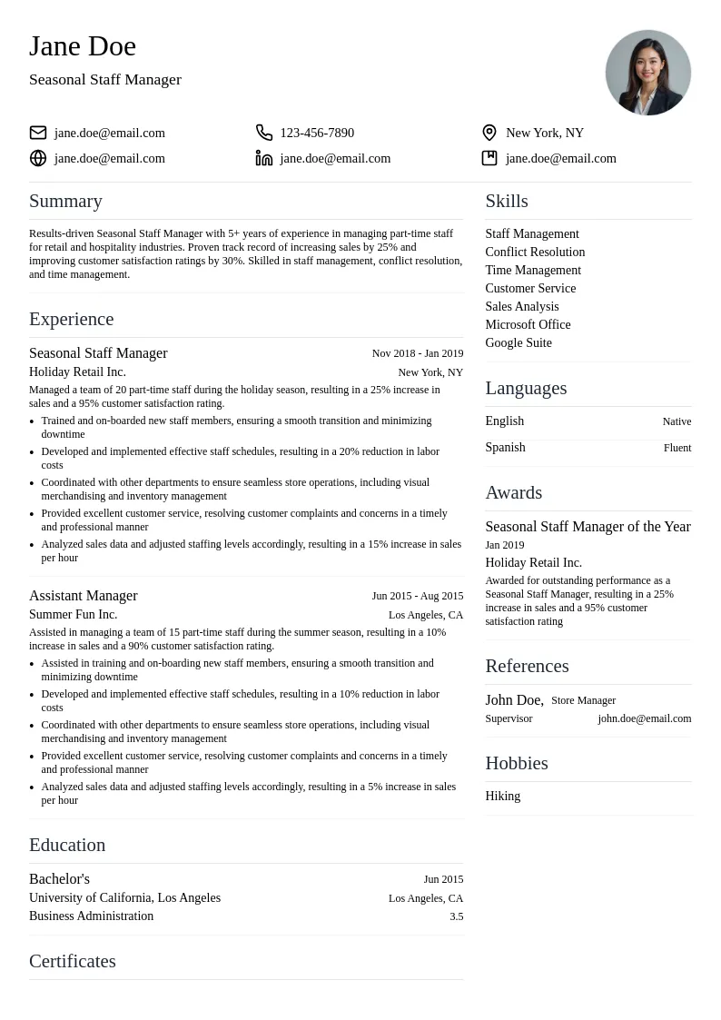 Seasonal Staff Manager resume example