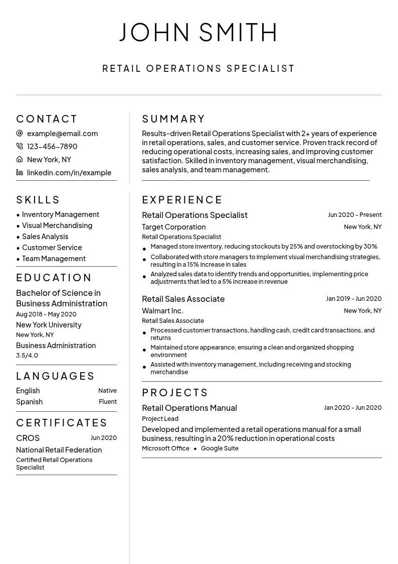 Retail Operations Specialist resume example