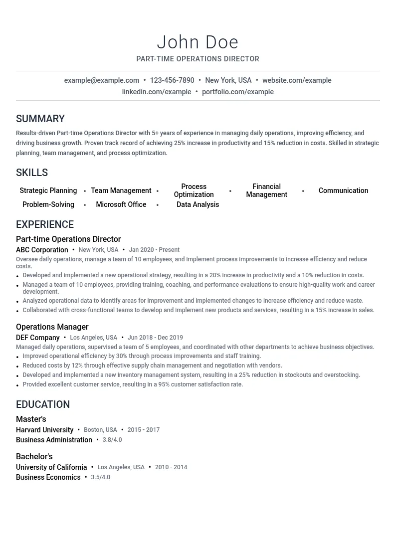 Part-time Operations Director resume example