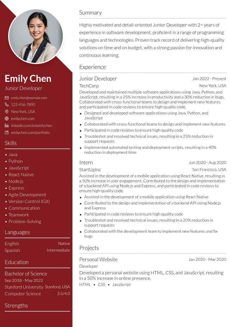Junior Developer resume example