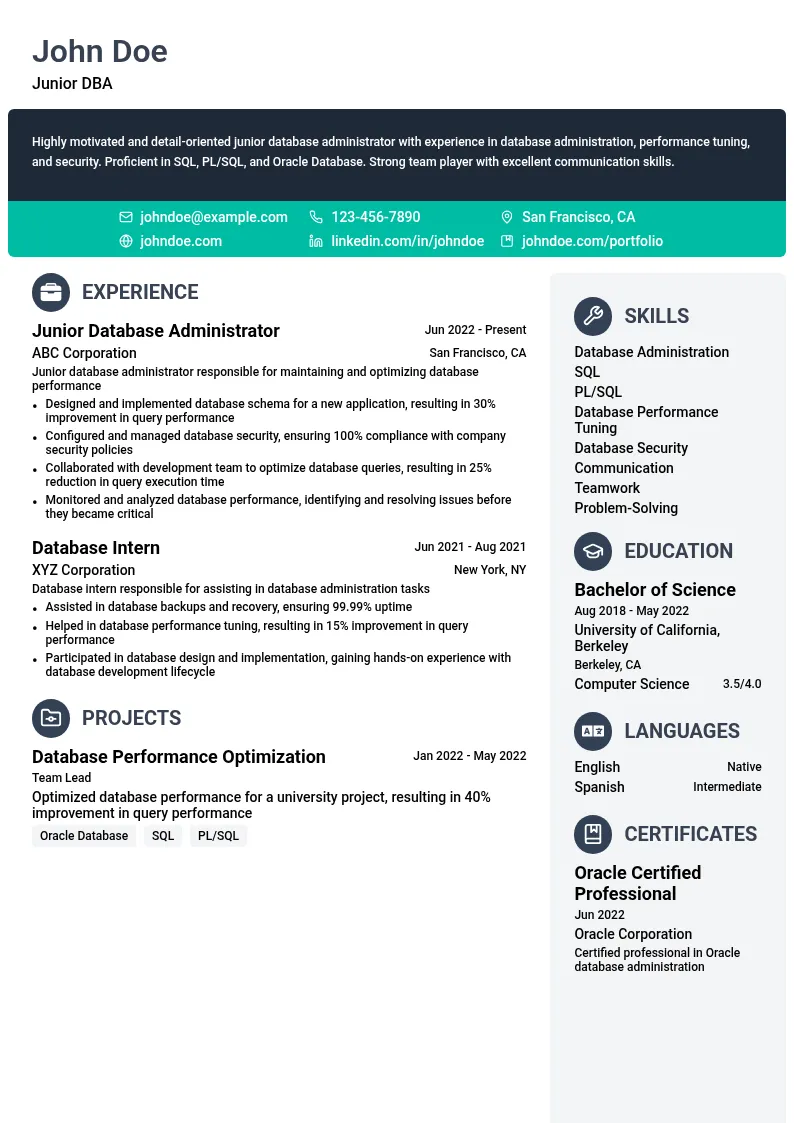 Junior DBA resume example