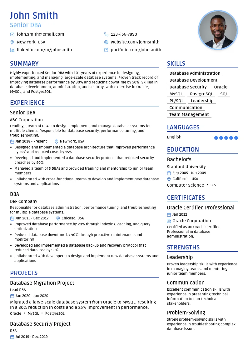 Senior DBA resume example