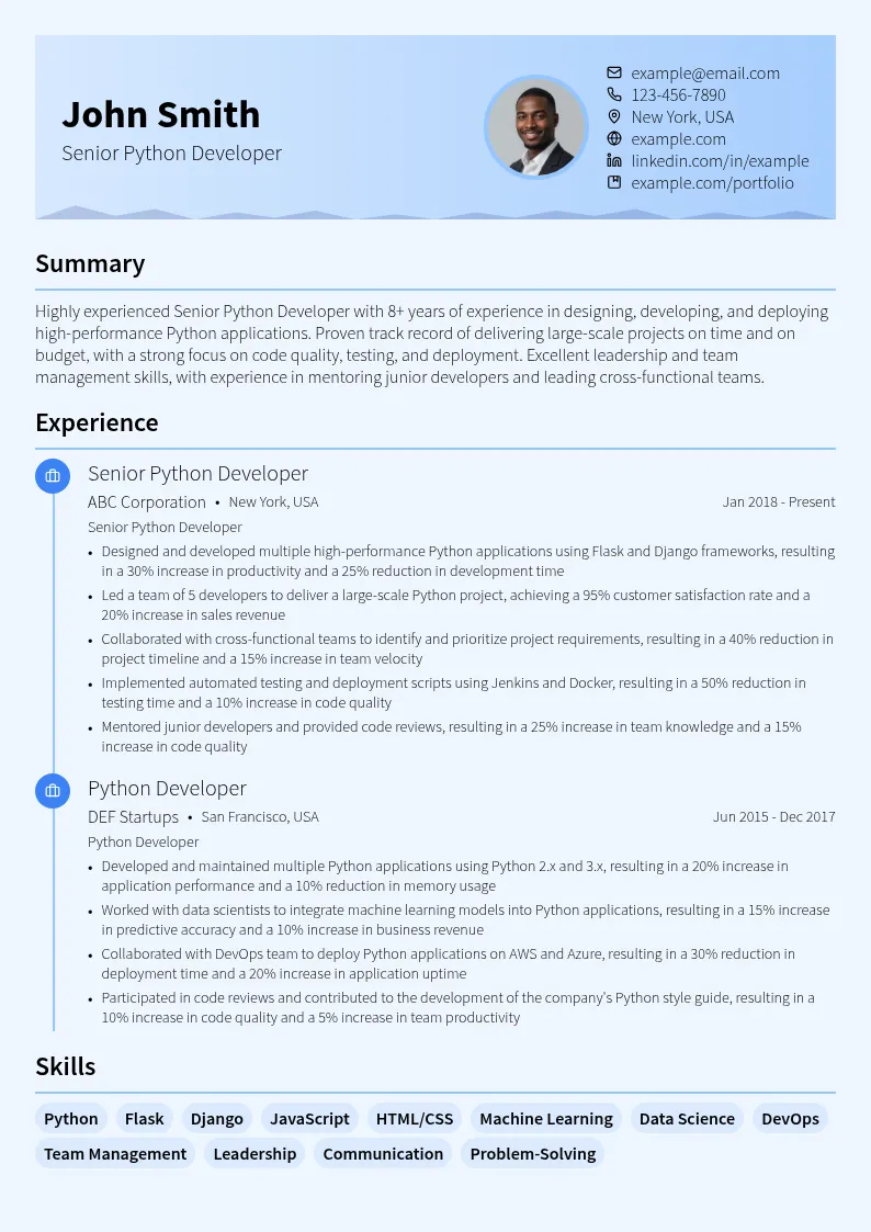 Senior Python Developer resume example