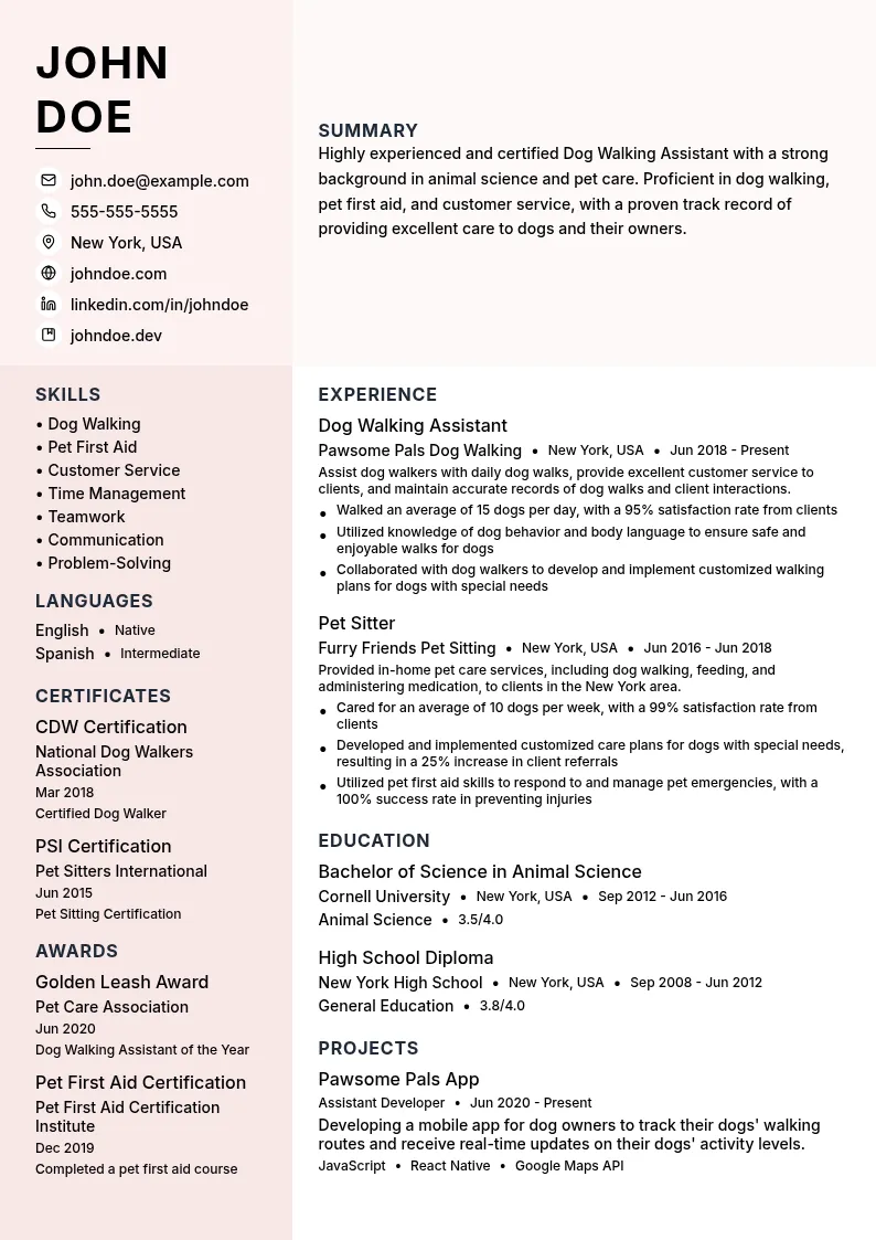 Dog Walking Assistant resume example