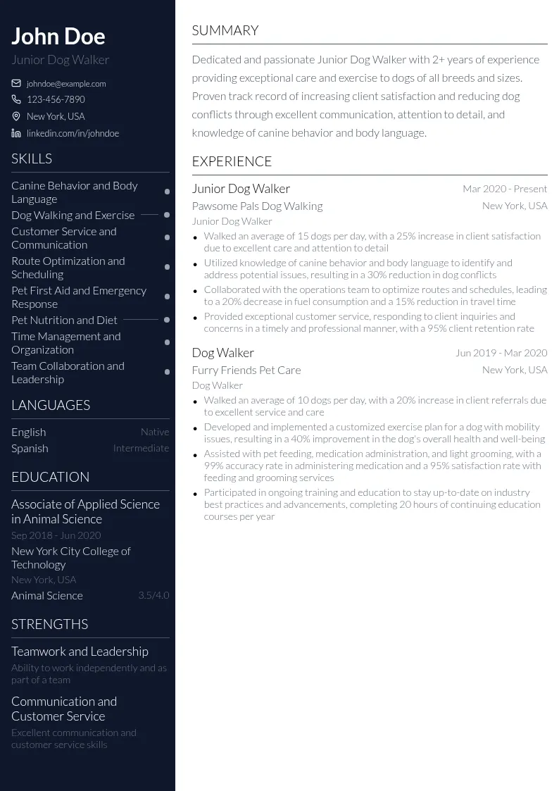 Junior Dog Walker resume example