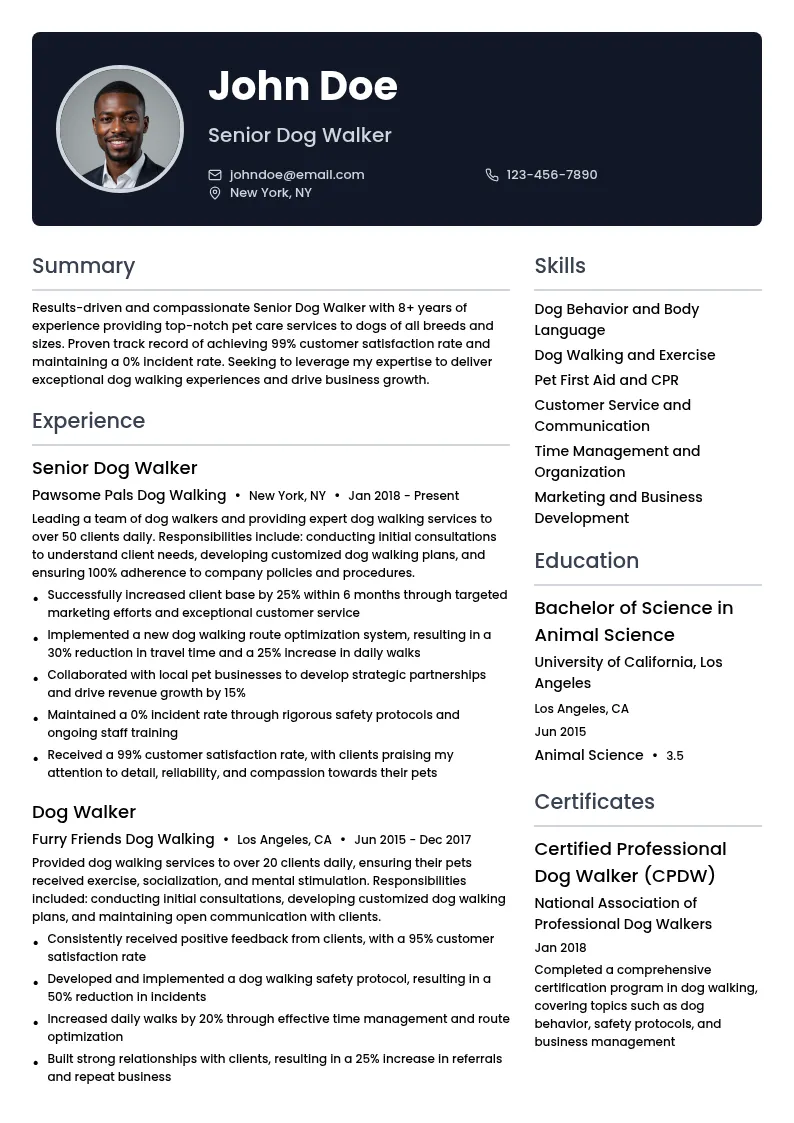 Senior Dog Walker resume example