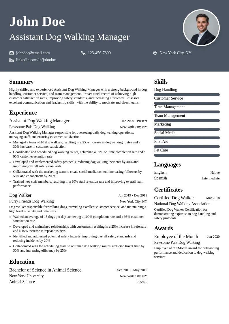 Assistant Dog Walking Manager resume example